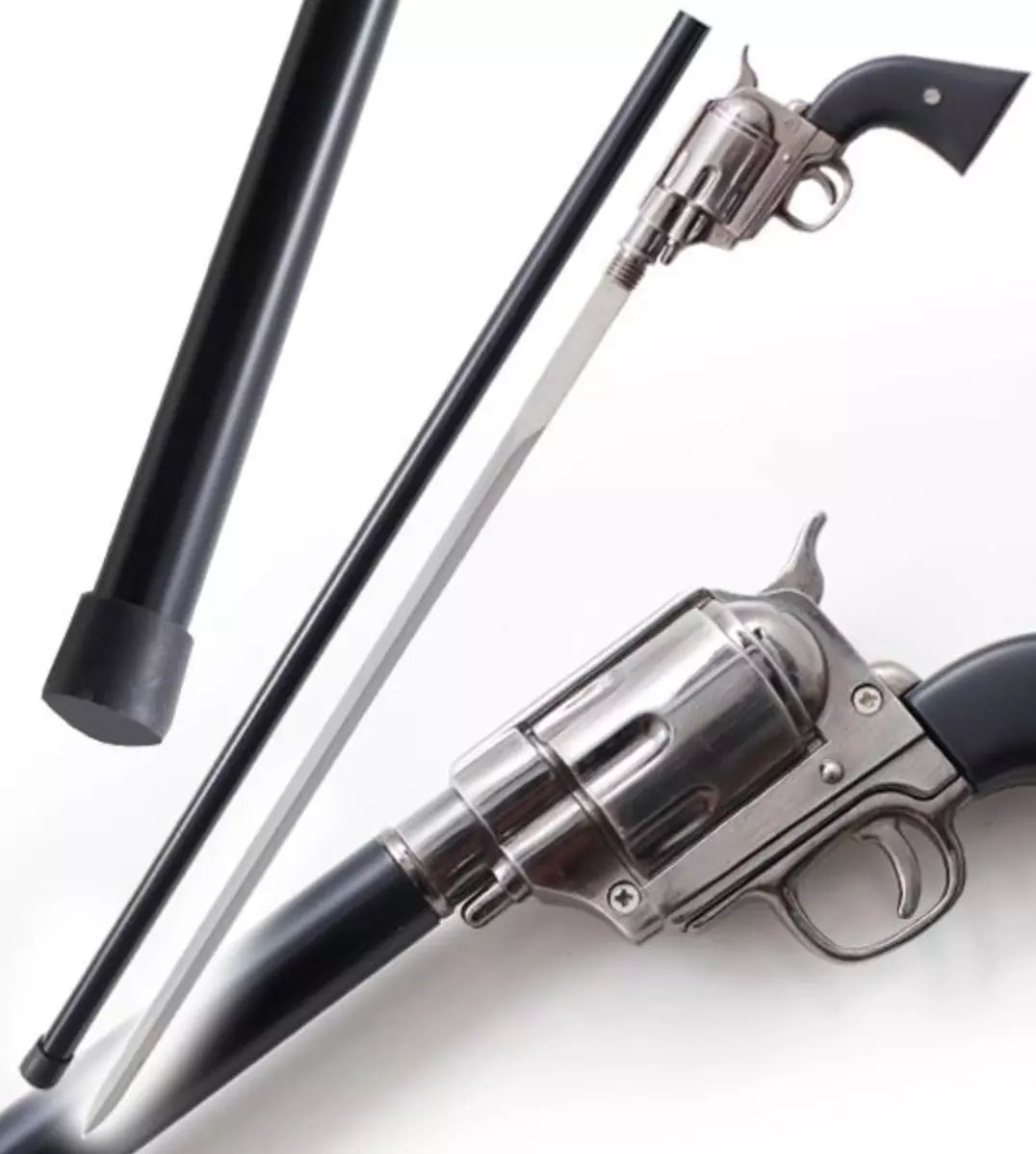 Canne Épée Noir Poignée Revolver Factice