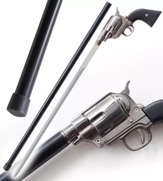 Canne Épée Noir Poignée Revolver Factice